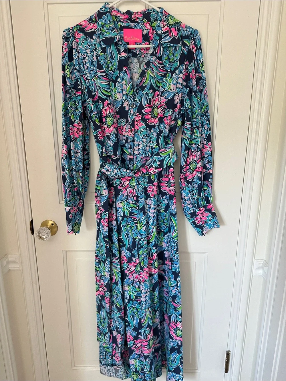 Lilly Pulitzer Navy Floral Maxi Wrap Dress with Pink & Aqua Accents, Size 10
